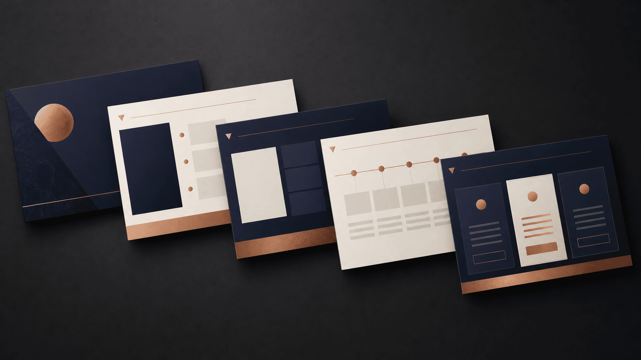 A set of sixteen-by-nine pitch deck slides fanned out