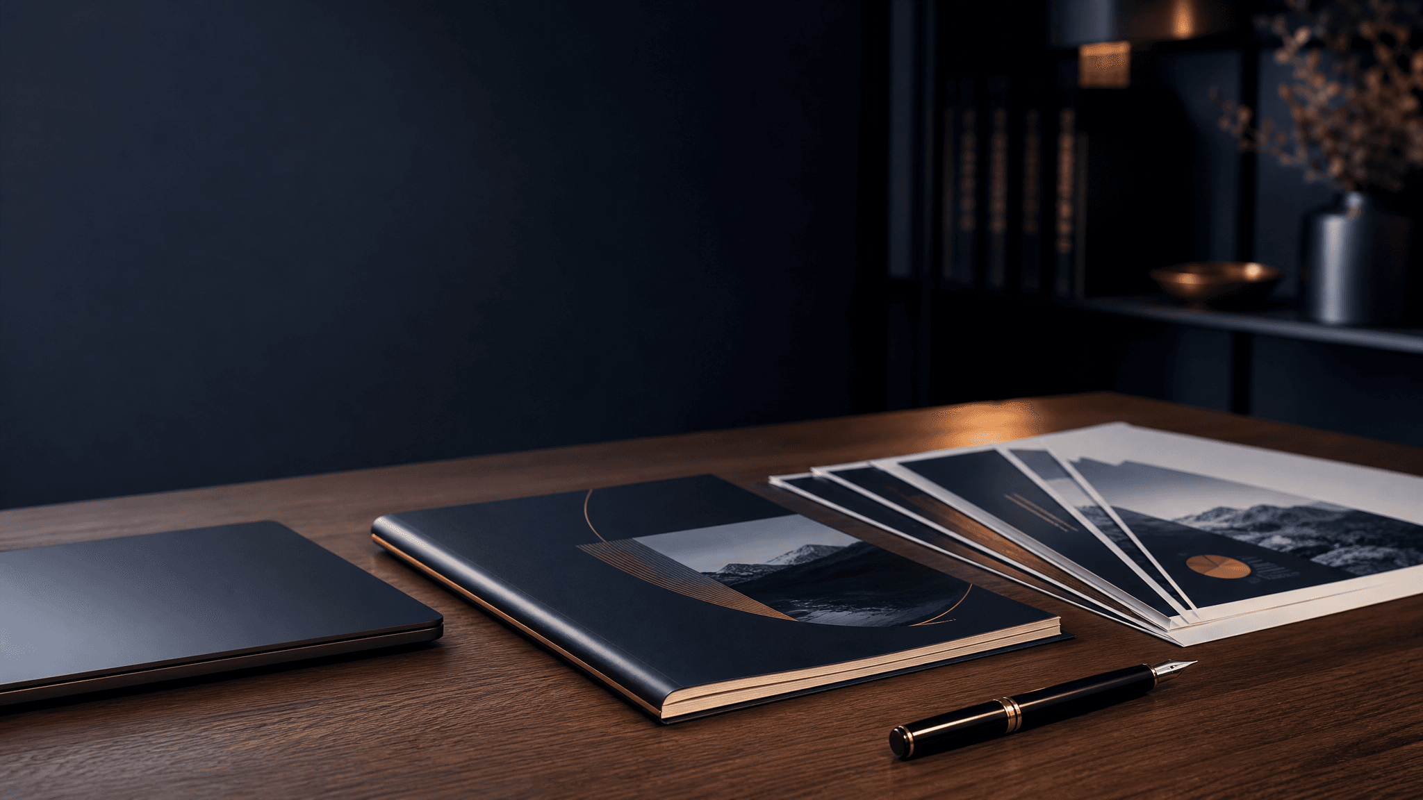 An independent consultant's desk with a refined printed proposal and pitch deck pages